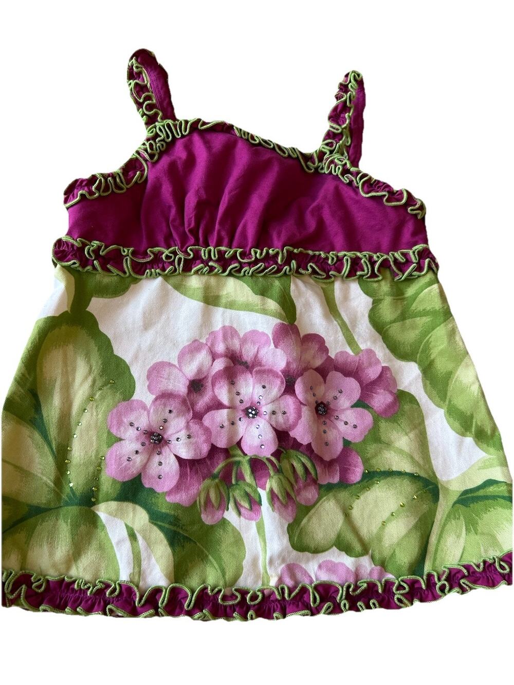 Trish Scully Girls Toddler Dress 6 Purple Green Floral Cotton Tiered Ruffle VTG